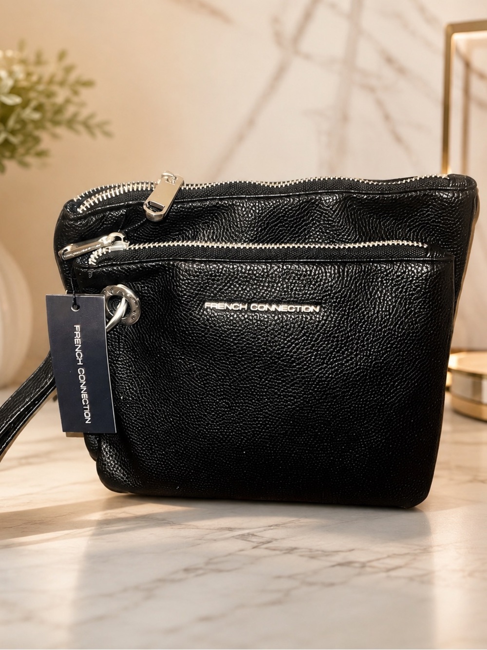 NWT French Connection Black Leather Wristlet Bag